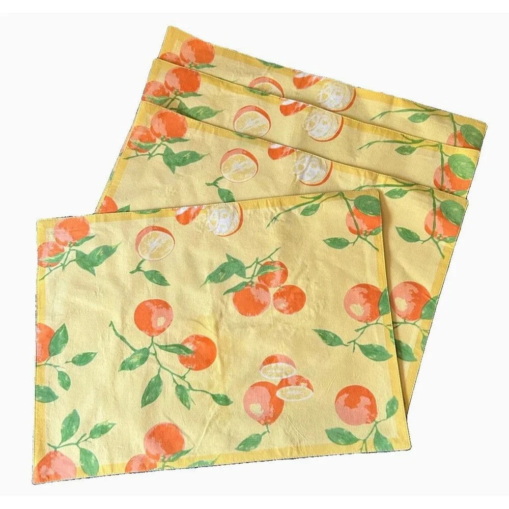 Oranges Placemats Xochi Made in India Vintage Set of 4 Orange Yellow Green Stems